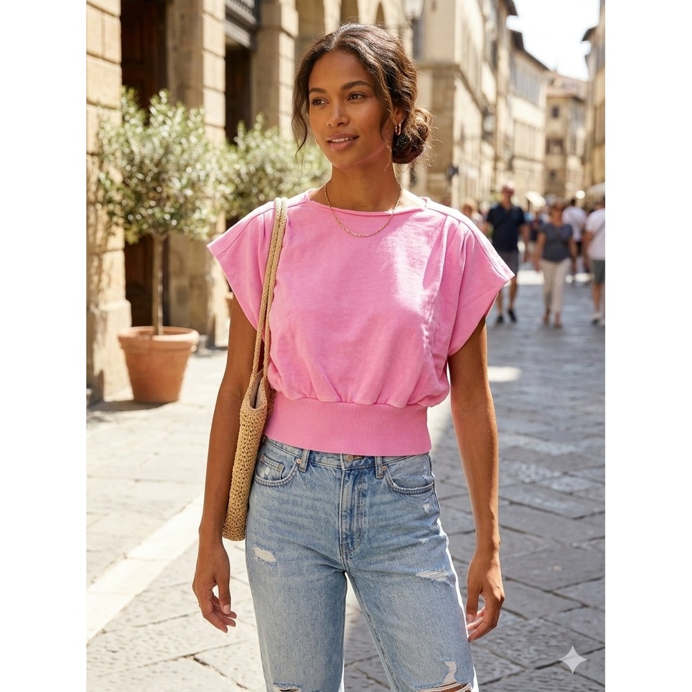 Zenana Boxy Cap Sleeve Crop Top Pink Wide Ribbed Waistband Casual Tee Size Large